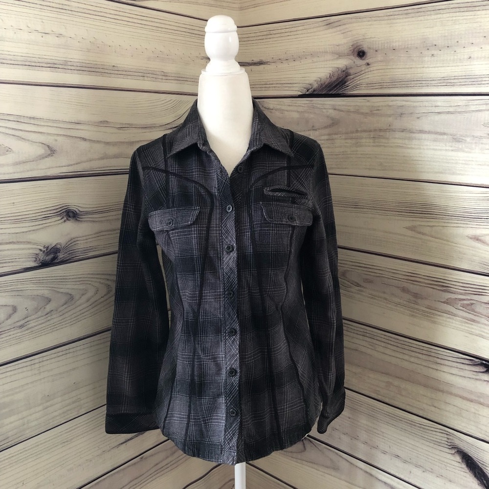 Columbia Black & Grey Plaid Flannel Button Down Shirt Size Small